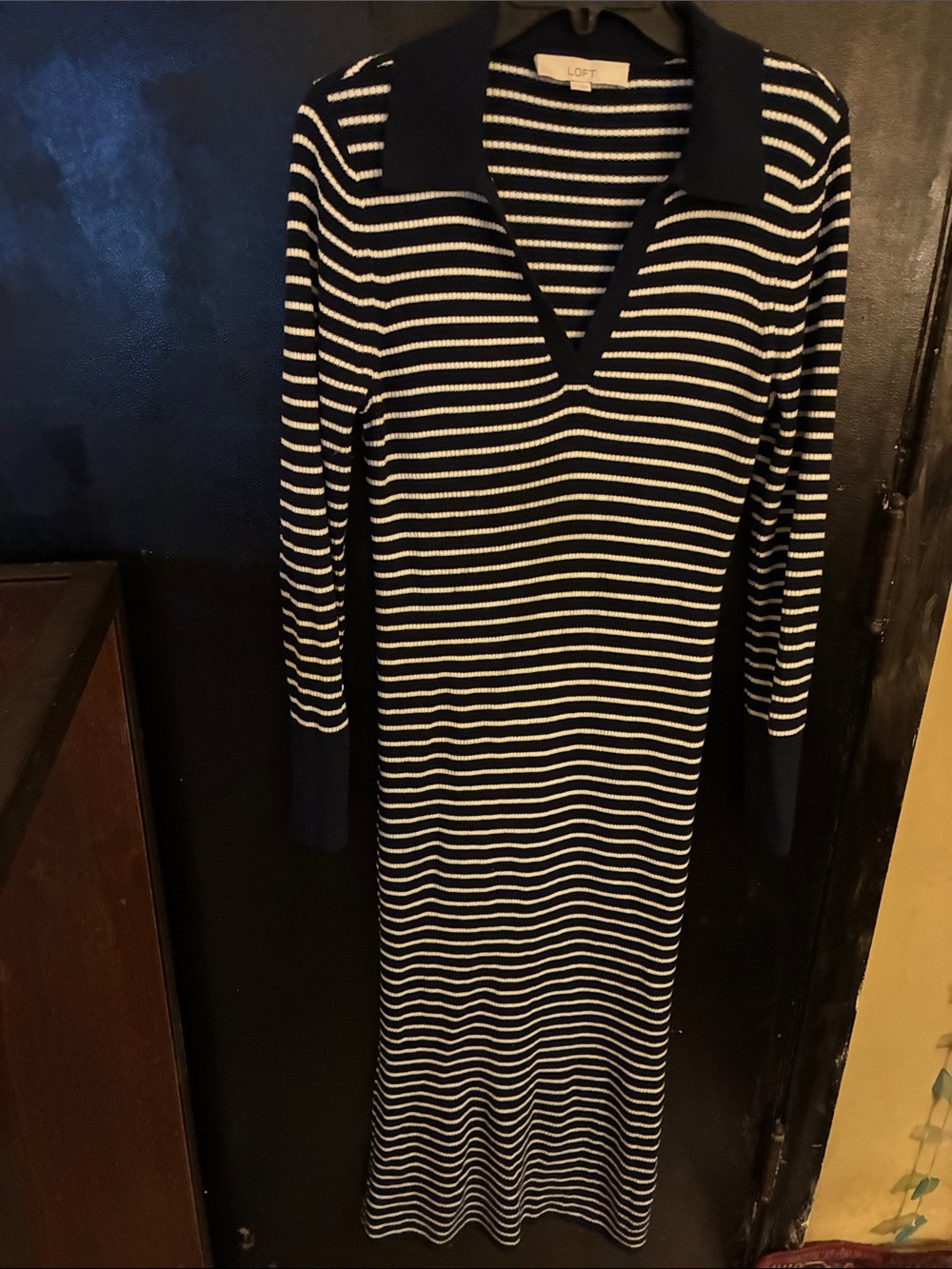 LOFT Navy & White Striped Long-Sleeve Polo Sweater Dress L